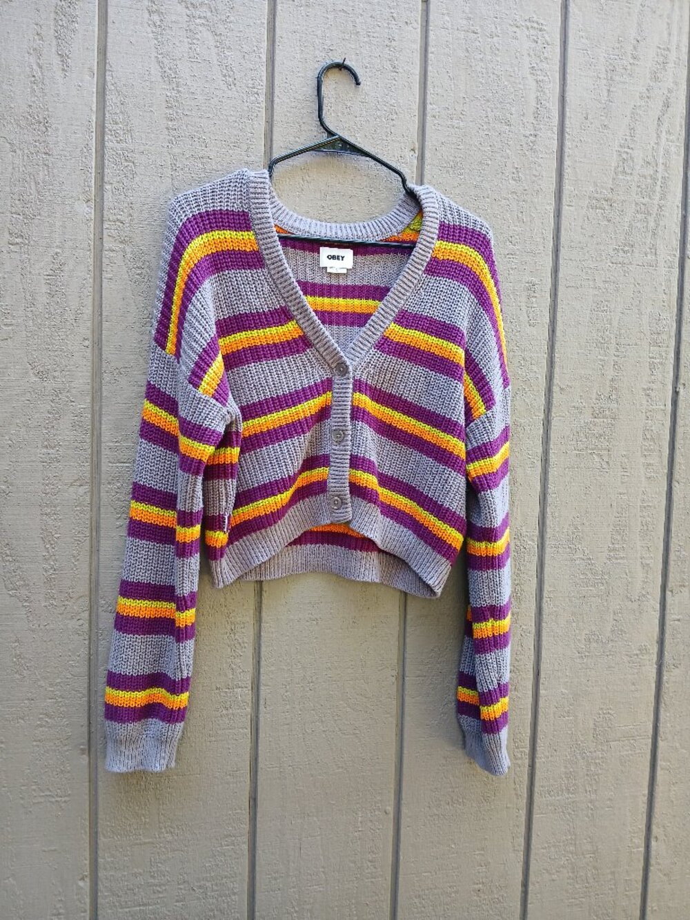 Obey XS Striped Cropped Cardigan Sweater Knit Chunky Boxy